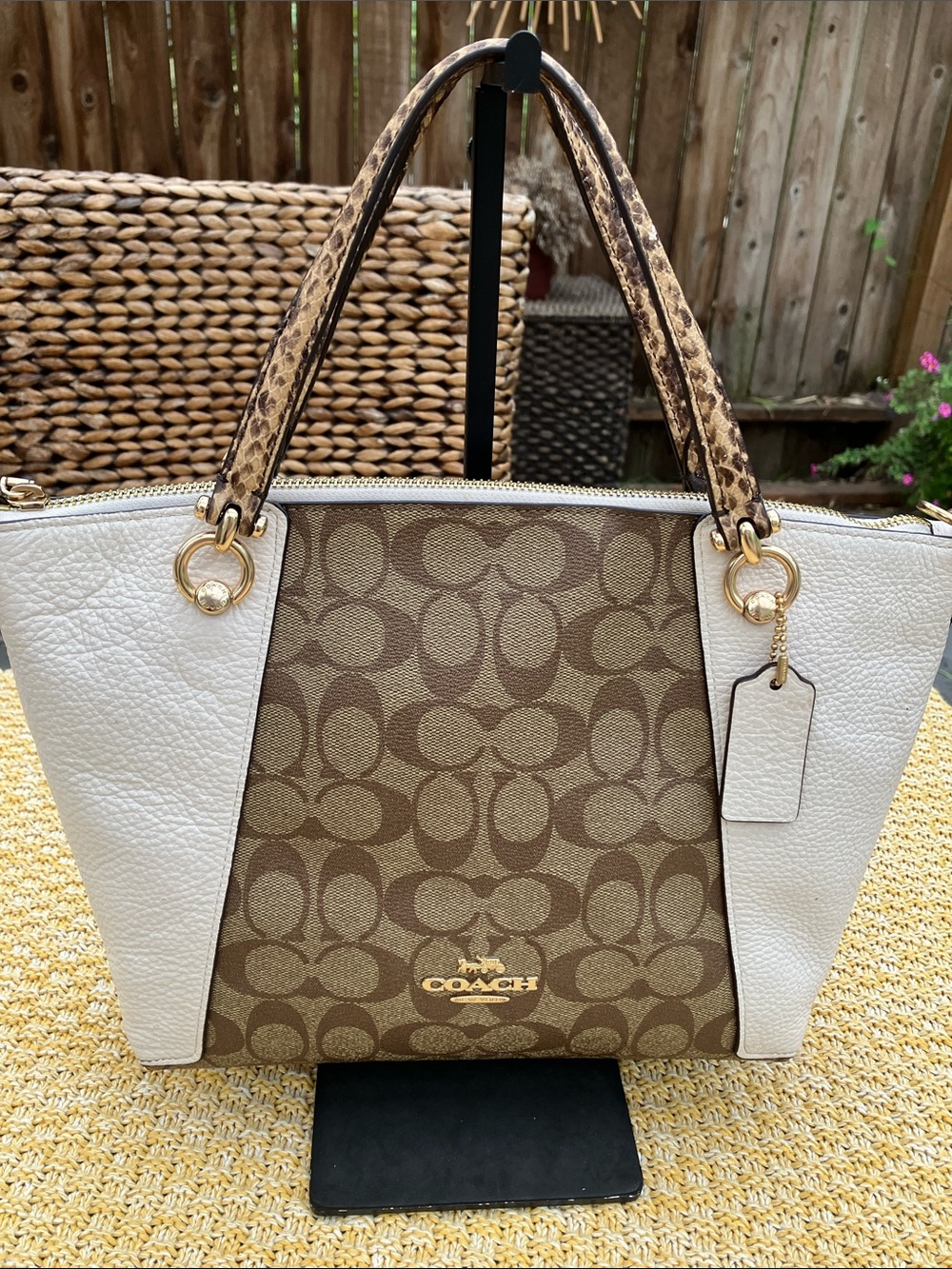 Coach Kacey C7261 Brown & Cream Signature Satchel with Snakeskin Straps